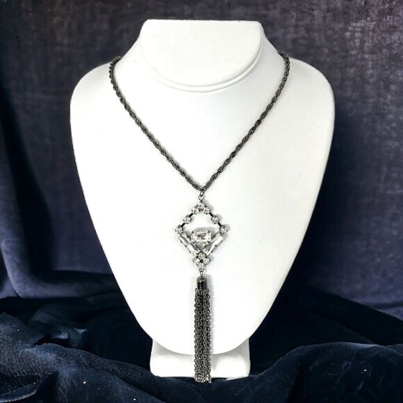 New Boutique Necklace Clear Stones Tassel Hematite Tone Women's 1L - Picture 1 of 10